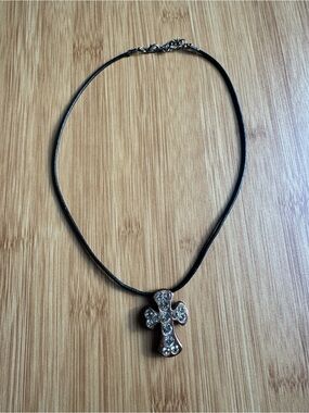 B.B. Simon Bronze Tone Cross Pendant Necklace - Black Cord
